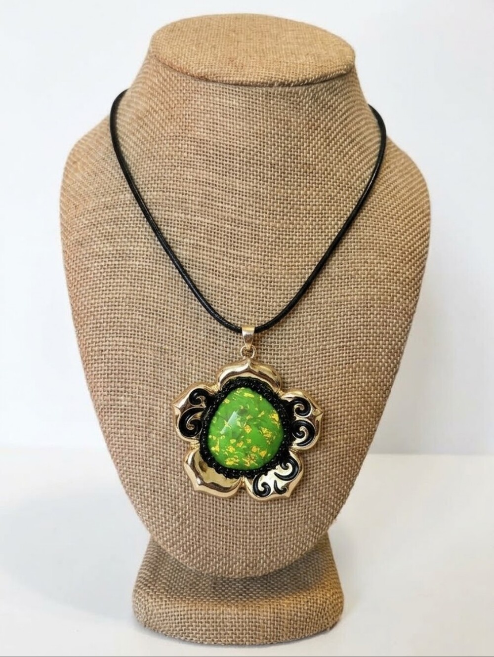 Vintage Gold Floral Pendant with Bright Green Opal Inlay 3"